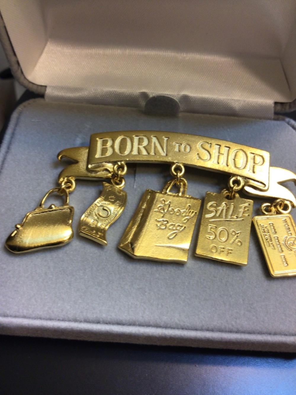 Vintage JJ Born to Shop Gold Tone Charm Brooch Pin 1980s Fashion Jonette Jewelry